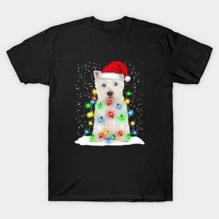 West Highland White Terrier Christmas Santa Hat Xmas Tree Color Lights T-Shirt